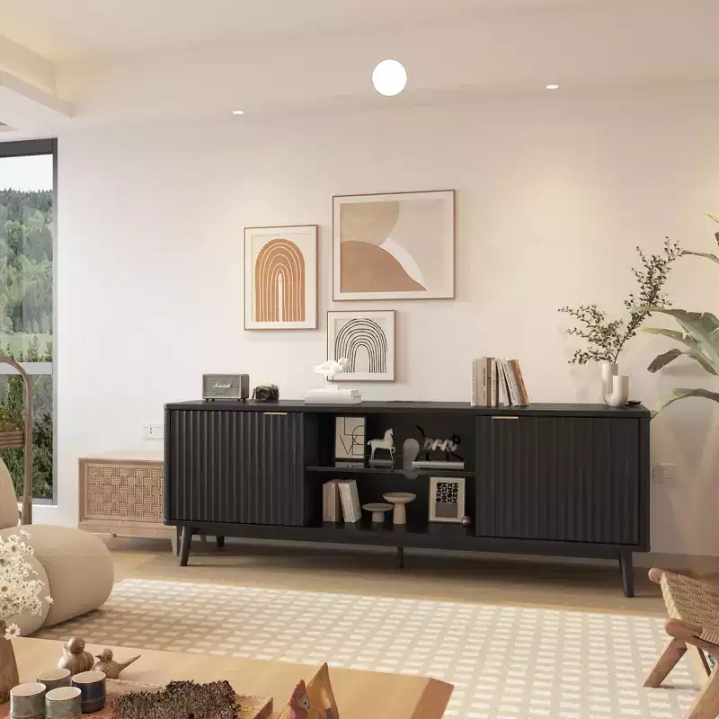 Modern Black TV Stand  Adjustable Shelf & 2-Door Storage Cabinet, Entertainment Center for Living Room or Bedroom