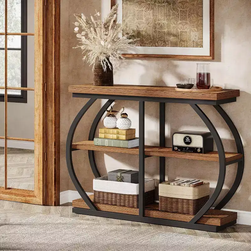 41.3 Industrial Console Table with 3-Tier, Arched Metal Frame and Storage Shelves, Mix Brown, suitable for Living Room, Hallway.