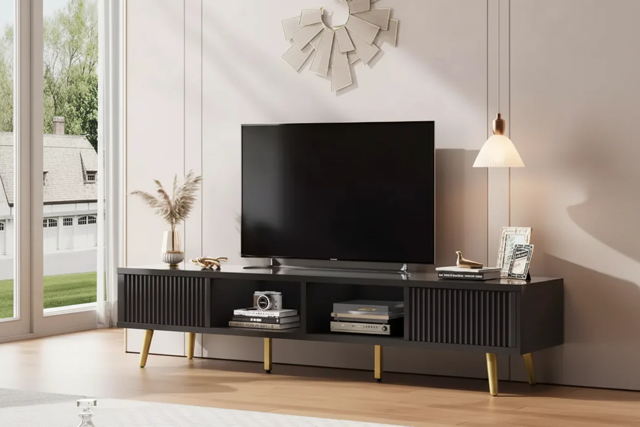 71 Modern TV Stand for 75/80 inch TV with Fluted Sliding Doors, High Gloss Entertainment Center with Storage for Living Room, Cord Management