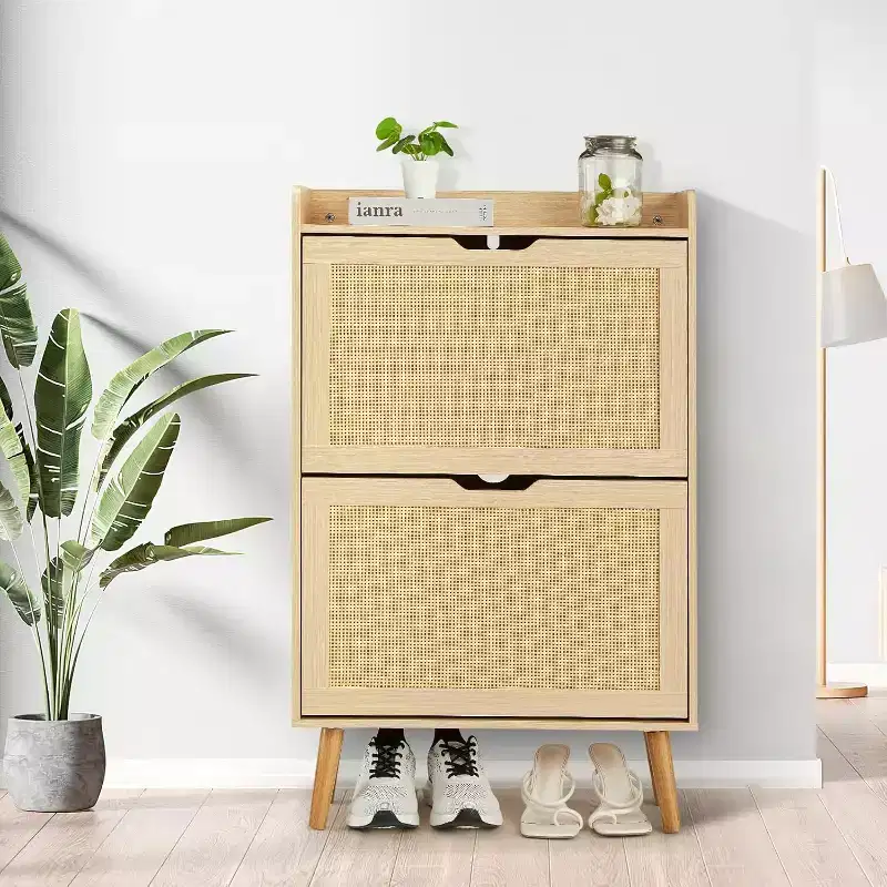 Shoe Racks/Cabinet - Hidden Shoe Storage with 2 Flip Rattan Flip-Drawer and Anti-Tip Design, 12-15 Pairs Storage Organizer