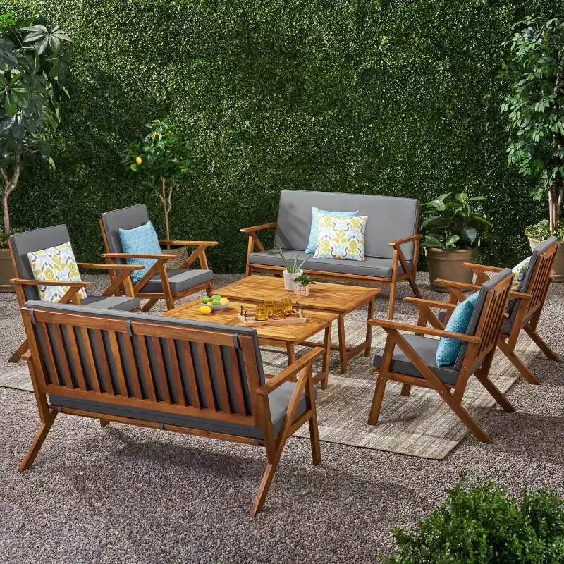 GDFStudio Manarola Outdoor Acacia Wood 8 Seater Chat Set, Teak/Dark Gray