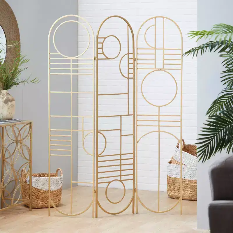 Modern Metal Room Divider Screen Gold - Iron Frame, No Assembly, 3-Panel Design