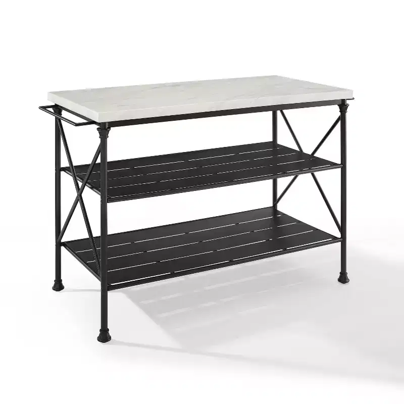 French Industrial Kitchen Island with Steel Base and Open Shelves
