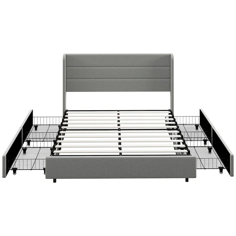 Queen Size Storage Bed with 4 Drawers, 730lb Capacity & Linen Headboard