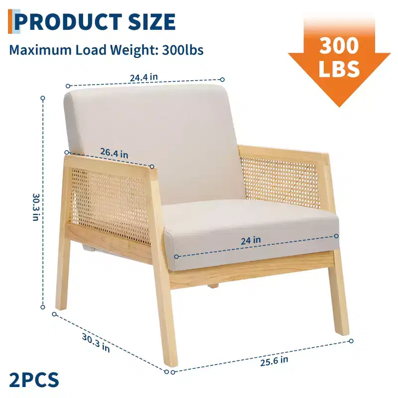 CuisinSmart Mid Century Modern Accent Chair with Rattan Armrests, 300LBS Capacity Upholstered Lounge Chair for Living Room Bedroom Reading-Nook