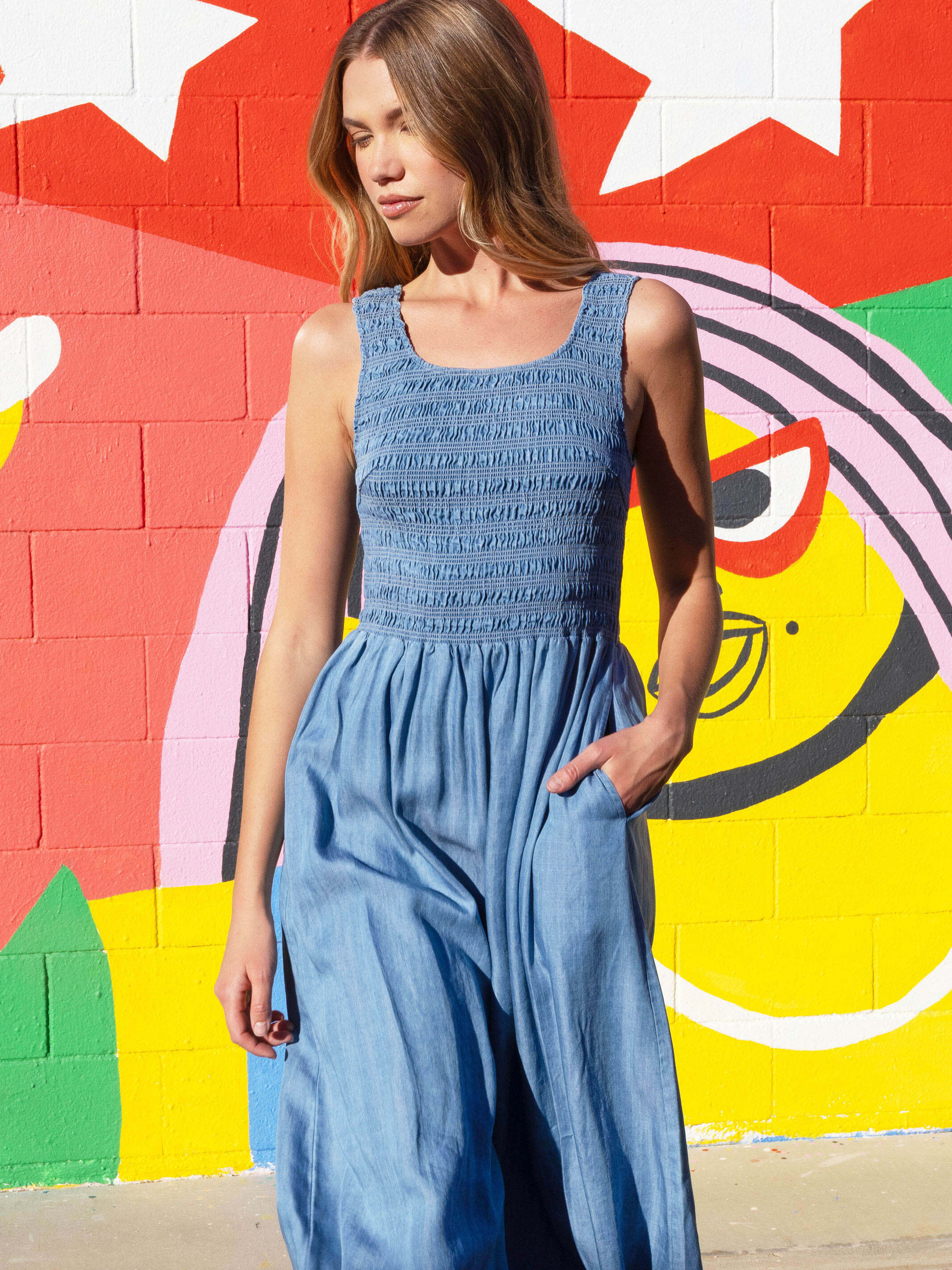 Soft Fabric Sleeveless Smocked Maxi Dress - Soft Blue