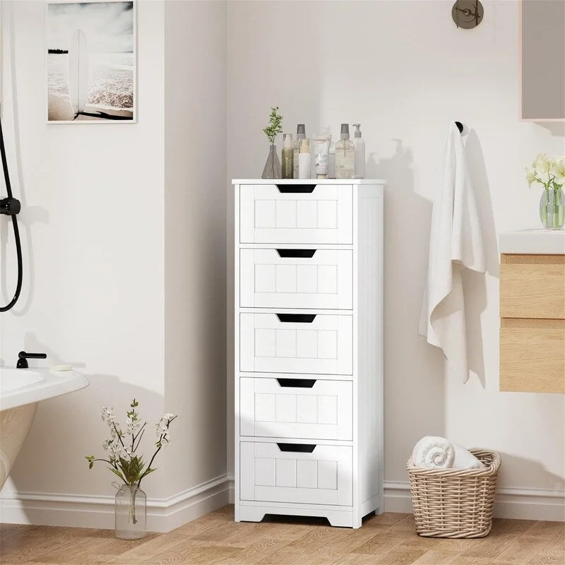 White Wood Finish 5-Drawer Floor Storage Cabinet, 1-Person Use