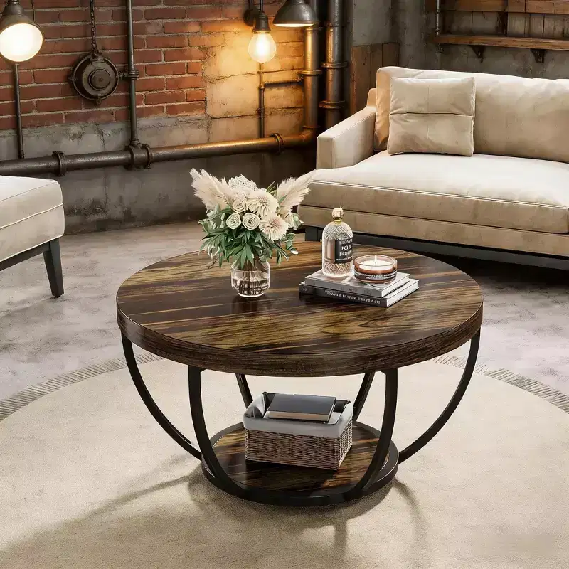 2-Tier Round Wood Coffee Table, 6-Arc Steel Frame, 31.5