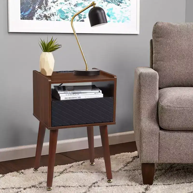 Mid-Century Nightstand with Drawers, Side Table with Charging Station