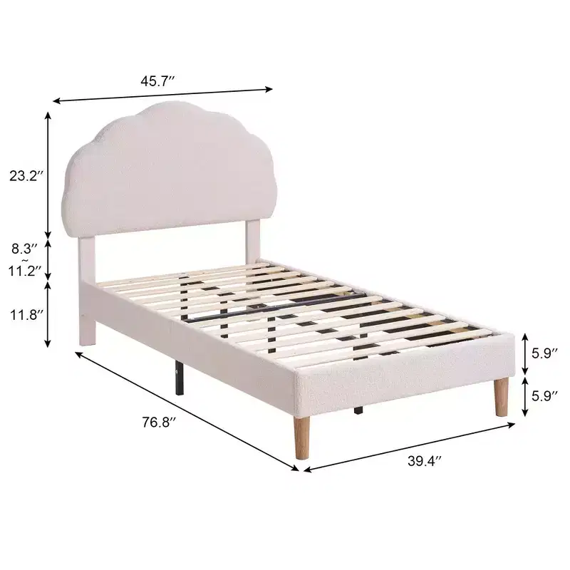 VECELO Wooden Cloud-Shaped Kids Bed Frame Upholstered Platform Bed with Adjustable Headboard, No Box Spring Needed