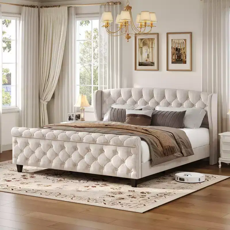 Christopher Knight Home Boyle Upholstered Sleigh Bed with Wingback Headboard and Scroll Footboard