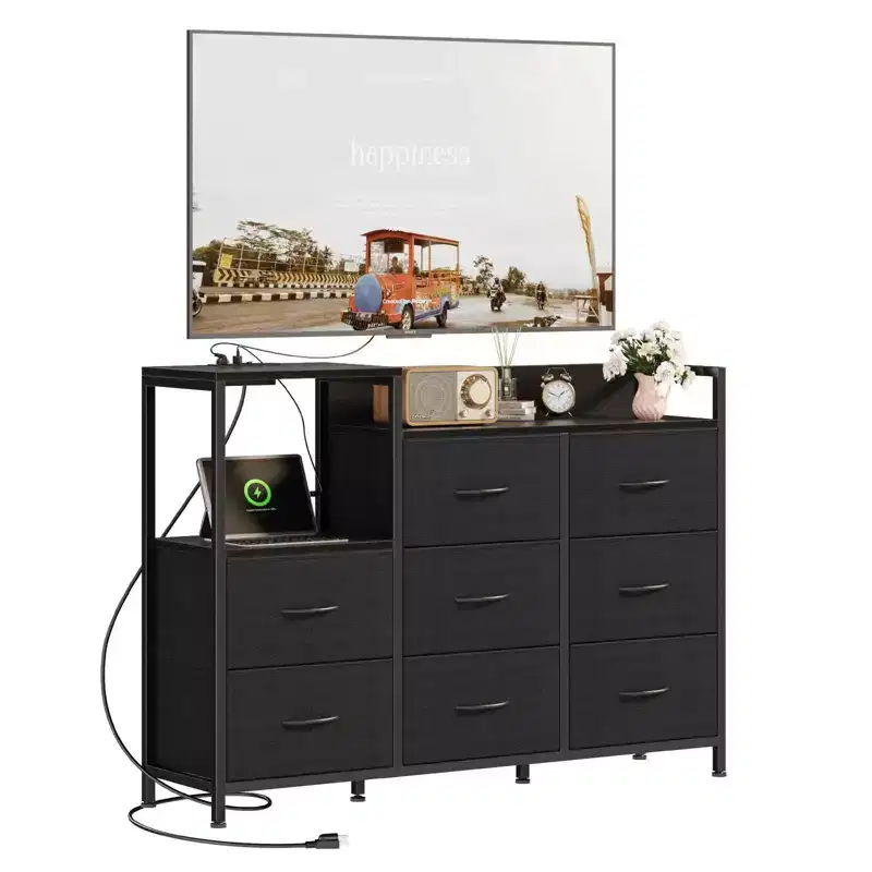 Wooden Top TV Media Console – 8 Fabric Drawers & 1 Shelf, Fits up to 50
