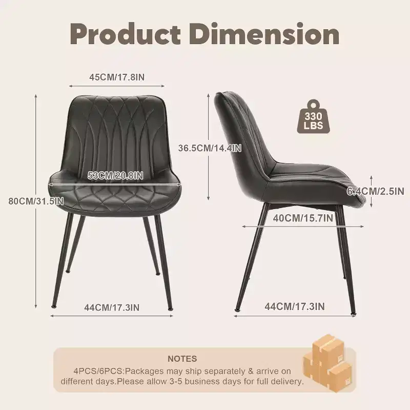 Modern Dining Chairs Set of 2/4/6, Modern Dining Room Chairs with Thick Cushions, Faux Leather Upholstered Side Chairs with Metal Legs, Black