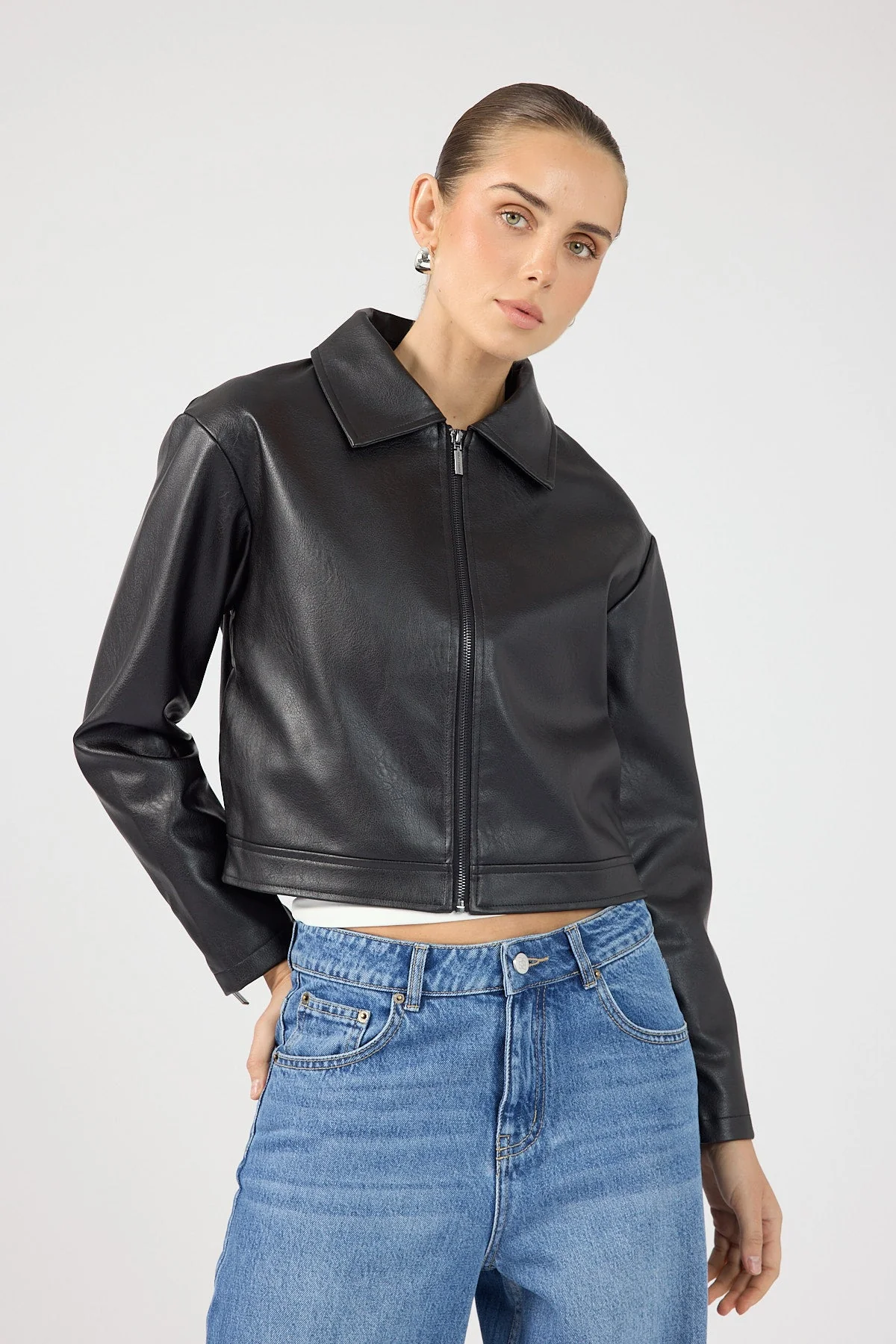Faux Leather Zip Up Jacket Black