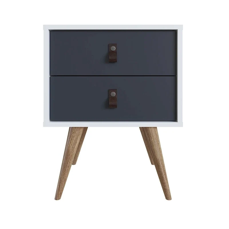 Manhattan Comfort Amber Nightstand with Faux Leather Handles in Blue and Nature