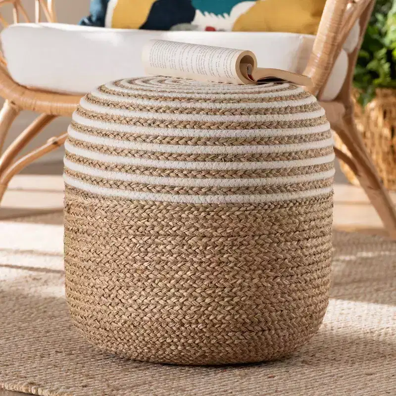 Seagrass and Woven Rope Ottoman Footstool, White/Natural Brown: Cotton Upholstery, No Assembly Required