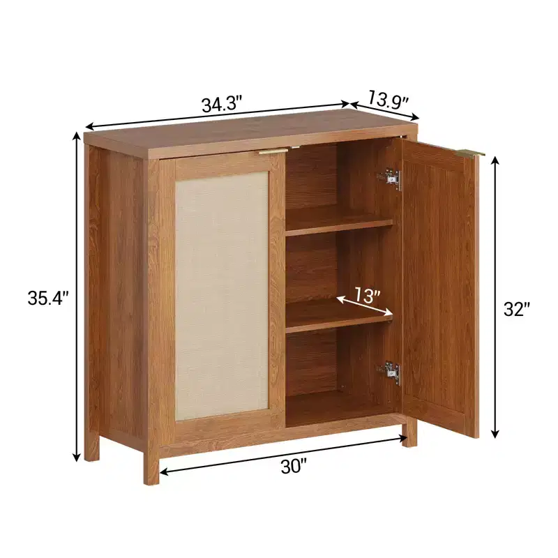 34 Rattan Sideboard Buffet Cabinet w/Adjustable Shelves, Freestanding Storage Console Table for Dining Room, Kitchen, Hallway, Boho Decor