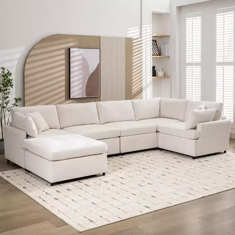 Okak U-Shaped Convertible Sectional Sofa Couch with Movable Ottoman, Modern 6 Seat Upholstered Sofa for Living Room,Apartment