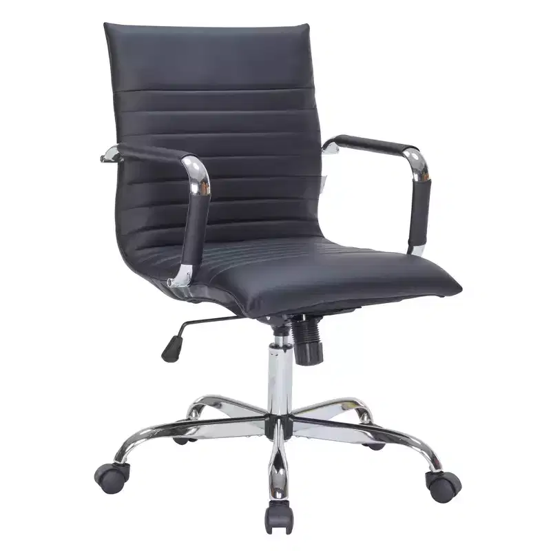 LeisureMod Harris Mid-Back Office Chair, Leather Upholstery with Swivel, Tilt, and Chrome Base, Modern Desk Seating for Home Office or Conference Room