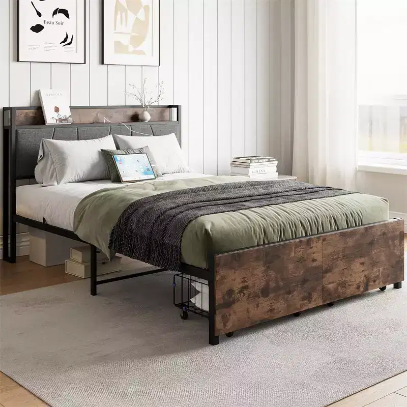 Full Size Platform Bed Frame with Storage Headboard, Charging Ports, 2 Drawers & Hidden Storage, No Box Spring Needed, Easy Assembly