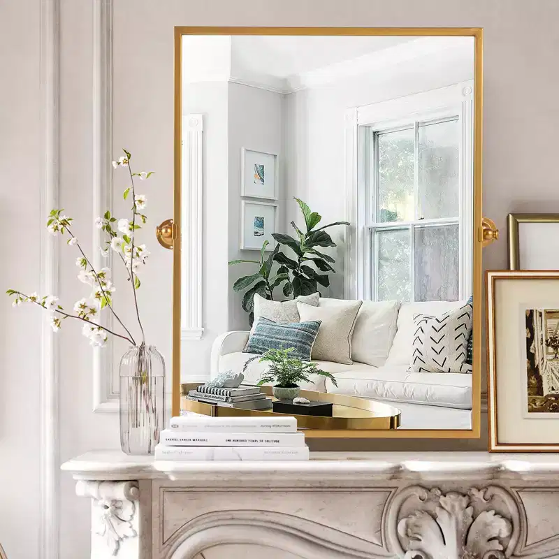 38x26 Rectangle Bathroom Mirror with Metal Frame, HD Images and Explosion Proof Glass Gold