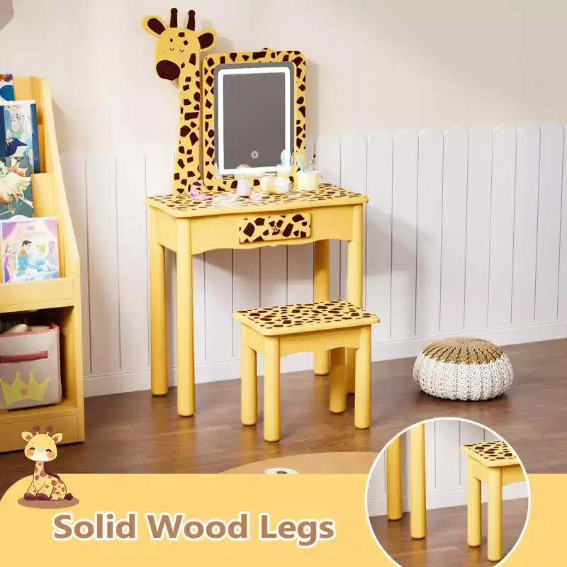 JOYMOR Kids Vanity Table and Chair Set with Lights & Wooden Legs, LED Lighted Girls Makeup Vanity, Giraffe Design