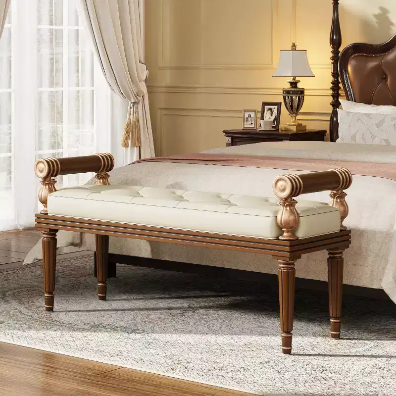 Mid-Century Modern Rubberwood Faux Leather Upholstered Button Tufted Bench