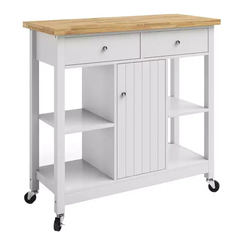 Kitchen Island with Drawers  Rolling Cart with Locking Casters  Use as Coffee Bar, Microwave Stand, or Shelves for Storage by Lavish Home (White)