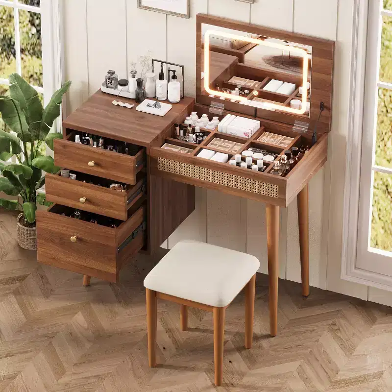 Makeup Vanity Desk Vanity Table Bohemian Dressing Table with Cushioned Stool, 3 Color Lighted Mirror & Flip-Top Tabletop, Walnut