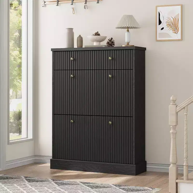 Acekool 42 Fluted Shoe Cabinet, Black Tall Narrow Shoe Organizer with 2 Flip Drawers & Top Drawer for Entryway