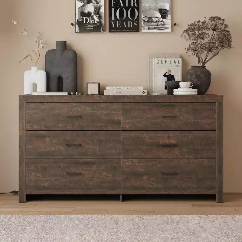 Wood Grain Dresser with 6 Drawers and Black Handles