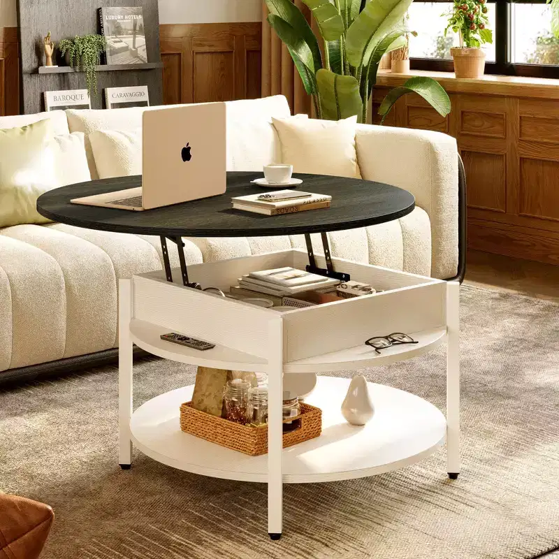 Hausource 35.4 Round Lift-Top Coffee Table with Hidden Storage, 2-Tier Farmhouse Style Table,White