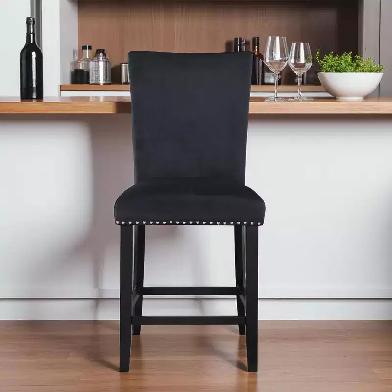 25'' Black Wood and Velvet Counter Height Bar Chair with Footrest and High Back