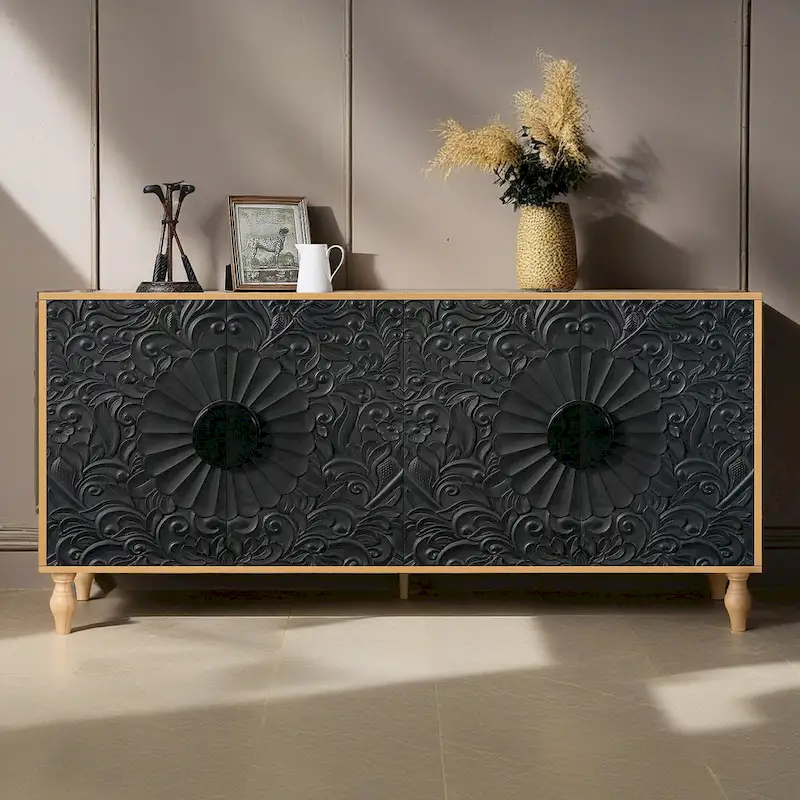 Carved Flower Door Storage Sideboard Cabinet, MDF, 63