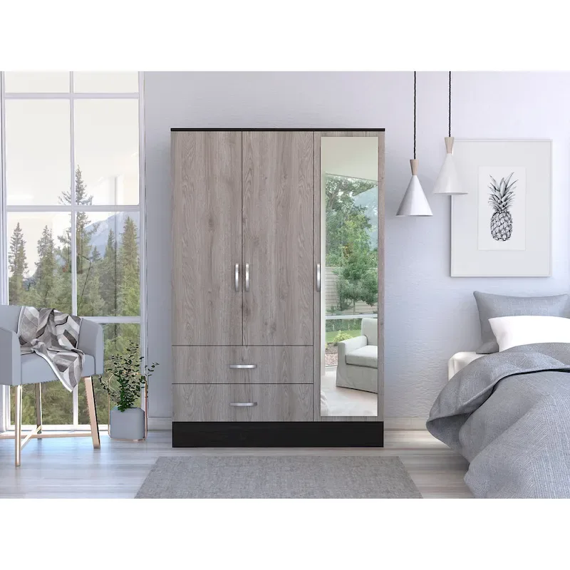 S Mirrored Bedroom Armoire, with Two Cabinets, Two Drawers and Divisions