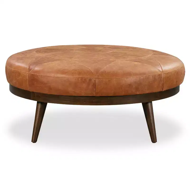 Poly & Bark Gio Italian Leather Ottoman Cognac Tan: Upholstered Padded Seat, Wood Frame, Oval Shape, 17" Height