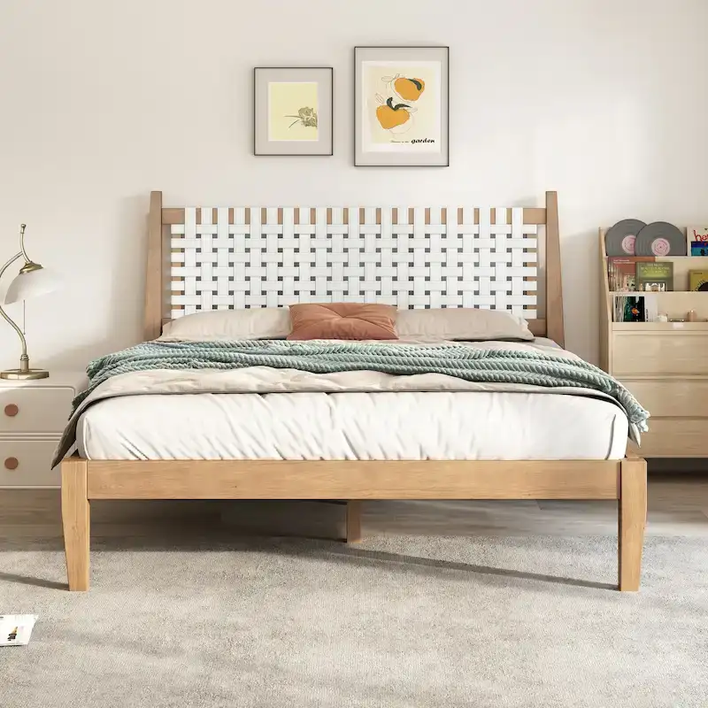 Queen Platform Bed – Woven Leather Headboard and Solid Wood Frame
