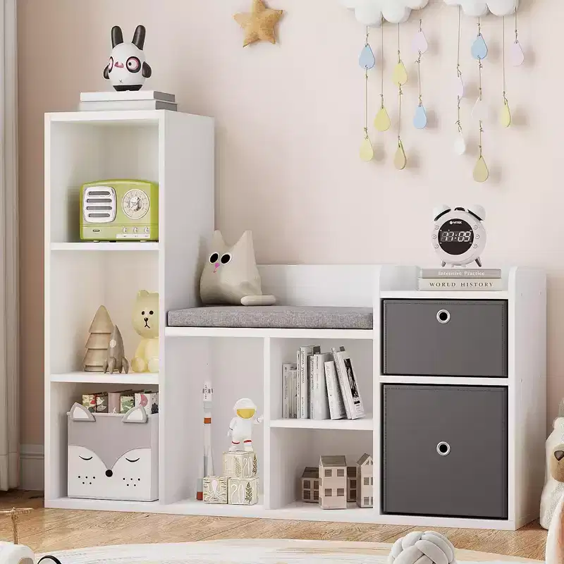 COZONY 44 Kids Bookshelf with Reading Nook, Dollhouse Bookcase with Cushion, 6 Cubby Storage and 2 Drawers