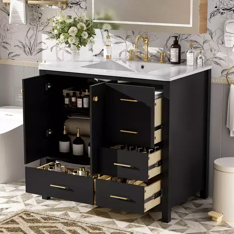 36 Bathroom Vanity with Sink, Bathroom Storage Cabinet with Drawers and Soft Closing Doors, Wood Bathroom Cabinets Freestanding, Black