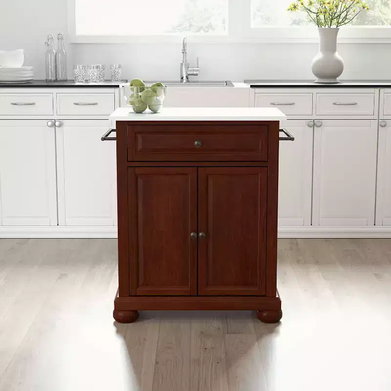 Alexandria Stone Top Portable Kitchen Island/Cart Mahogany/White - Crosley: MDF Frame, Stone Surface, Towel Bar, 2 Doors
