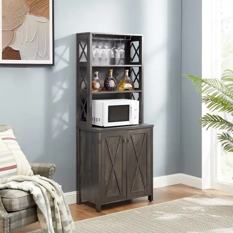 Coffee Bar Cabinet with Microwave Stand Metal Frame Side Home Source Bar Cabinet Cabinet and Hollow out Barn Design Wood Cabinet