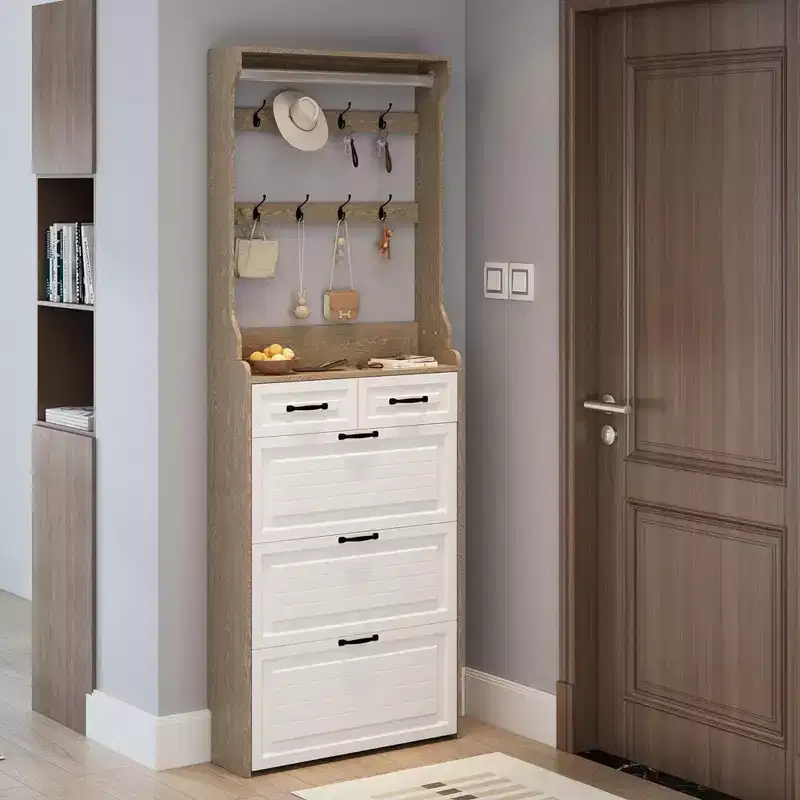 Shoe Storage Cabinet with 3 Doors and 2 Drawers, Entryway Hall Tree Coat Shoe Rack with 8 Hooks, Freestanding Shoe Organizer