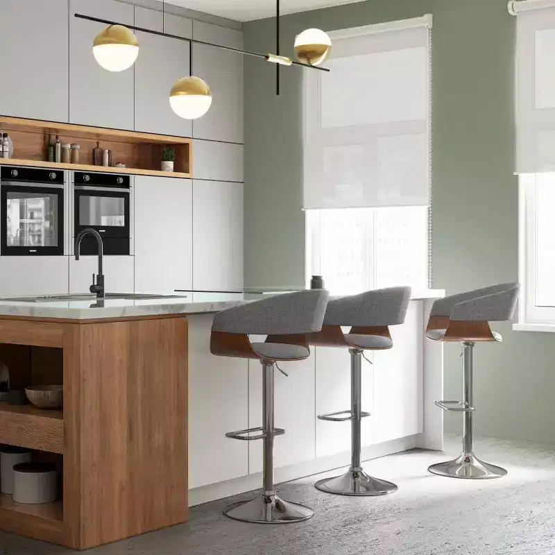 WyndenHall Calinda Adjustable Swivel Barstool Light Gray: Mid-Century Modern, Upholstered, Steel Legs