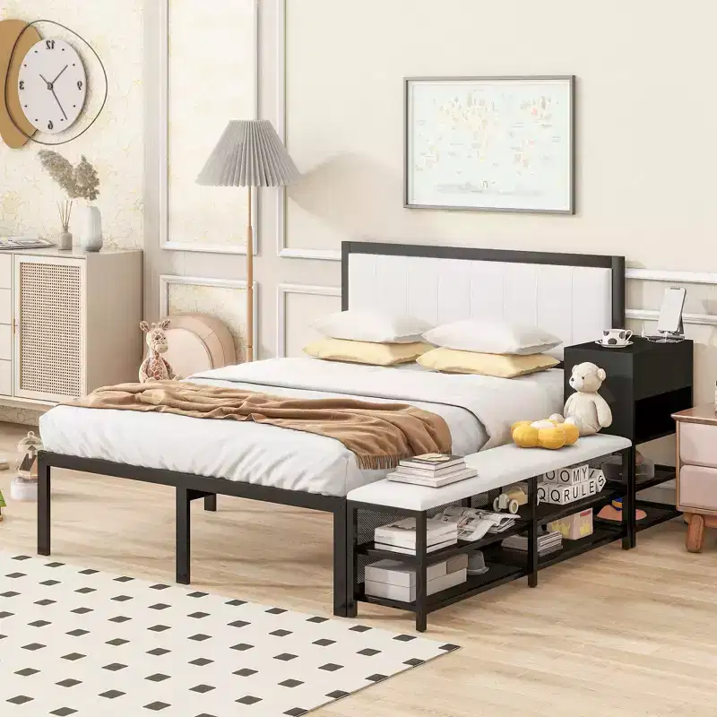 Full/Twin Size Metal Platform Bed Frame with Two-Tier Storage Shelves, Charging Station, Storage Cabinet -ModernLuxe