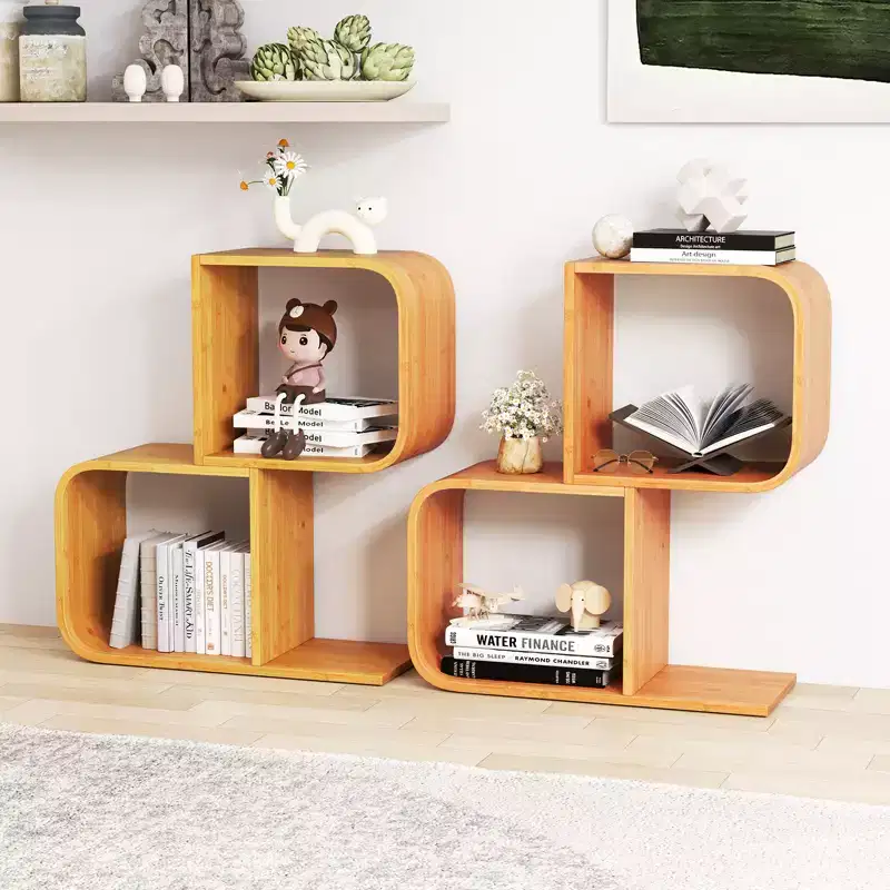 Costway 2PCS Bamboo Geometric Bookshelf 2-Tier S-Shaped Bookcase w/ Anti-tipping Device