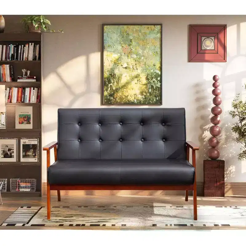 Black Small Leather Couch for Office, Booth Seating 2 Person Waiting Room Bench, Mid Century Modern Loveseat Wood Sofa