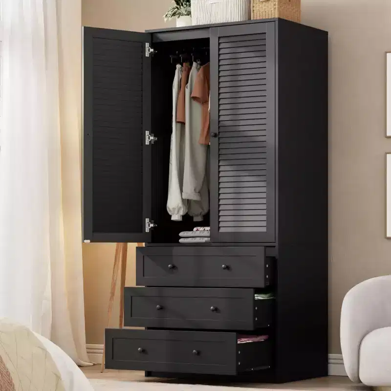 Wooden Wardrobe with Hanging Rod & Drawers, Double Door Storage Cabinet for Bedroom
