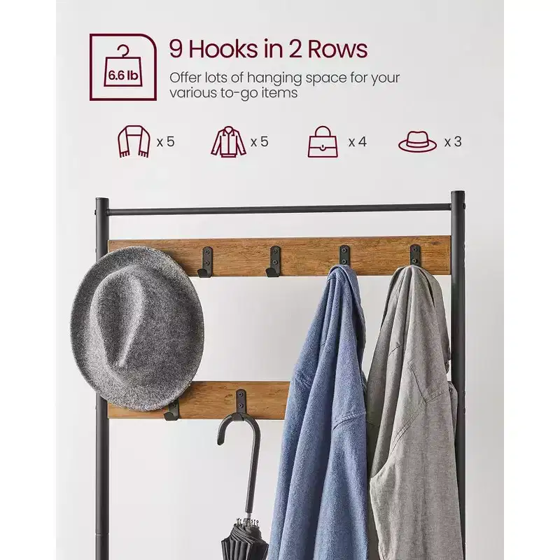 Hall Tree Entryway Coat Rack with Shoe Bench – Rustic Walnut & Black
