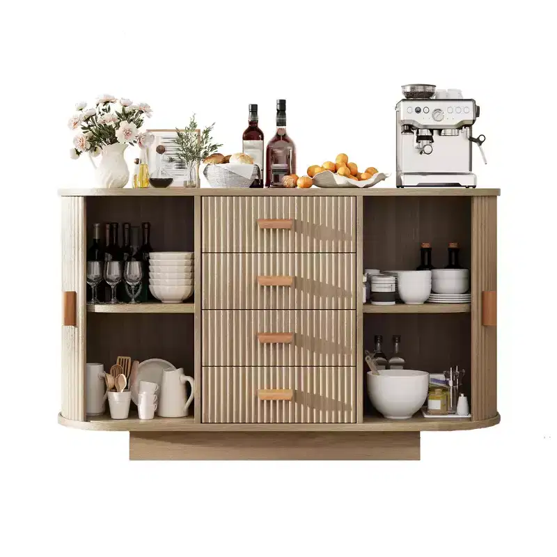 Buffet Cabinet, 47 Fluted Multi-Functional Coffee Bar with 4 Drawers & Sliding Doors - Modern Oak Sideboard