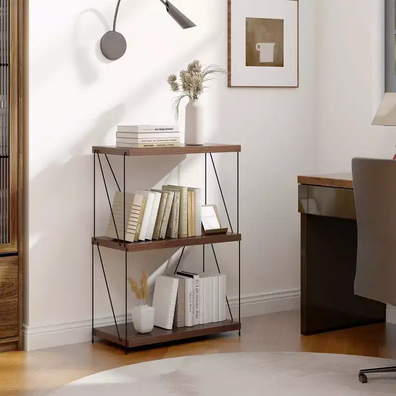 3-Tier Industrial Bookcase Display Rack Metal Frame Walnut Anti-Tip 45 lbs Per Shelf